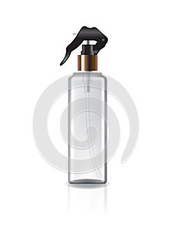 Clear square cosmetic bottle with spray head and copper ring for beauty or healthy product.