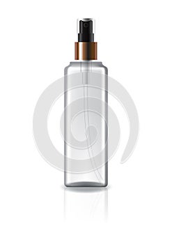 Clear square cosmetic bottle with spray head and copper ring for beauty or healthy product. Isolated on white background.