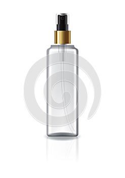 Clear square cosmetic bottle with spray head and gold ring for beauty or healthy product. Isolated on white background.