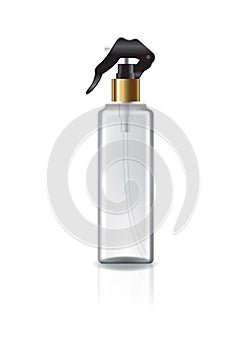 Clear square cosmetic bottle with spray head and gold ring for beauty or healthy product. Isolated on white background with reflec