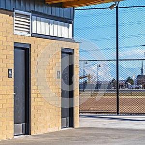 Clear Square Exterior of the public restrooms at a park viewed on a sunny day