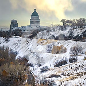 Clear Square Hill and Utah State Capital Building in winter