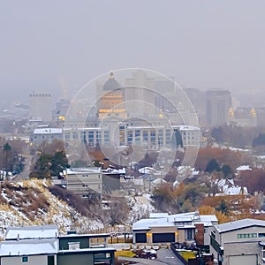 Clear Square The populous Salt Lake City downtown with a hazy sky background in winter