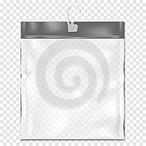 Clear square PVC bag with zip lock and plastic hanging hook mock-up. Empty transparent zipper vinyl package mockup