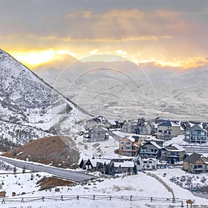 Clear Square Residential area built on a mountain blanketed with snow during winter season