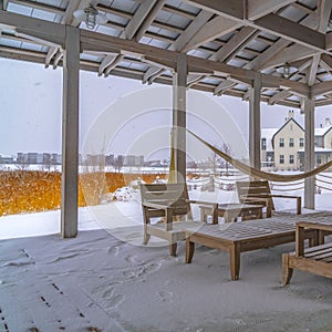 Clear Square Snowy patio of a clubhouse in Daybreak Utah