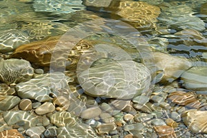 clear stream water flowing over smooth rocks