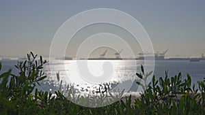 Clear sunny day in California. View of the cargo port at Long Beach USA. Sun glare on the birch water of the ocean.