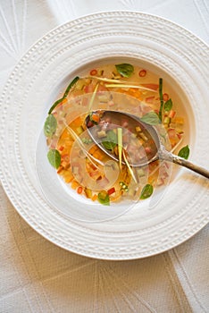 Clear tomato soup with chopped vegetables