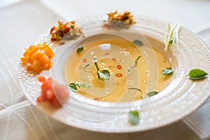 Clear tomato soup with chopped vegetables