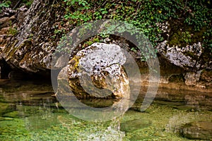 Clear transparent water in a mountain river and stones in the forest