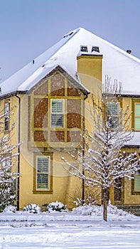 Clear Vertical Winter home with frosty trees on the snow covered front yard in Daybreak Utah