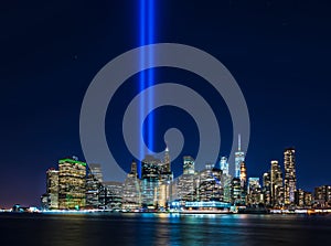 Clear view from Brooklyn of 911 memorial tribute light in Manhattan, New York City