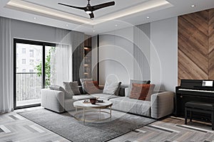 A clear view of a luxury living room interior design modern sofa, piano and wooden wall decor