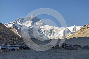 Clear view of Mount Everest in the early morning as seen from Mount Everest Base Camp EBC located on the Tibetan side.