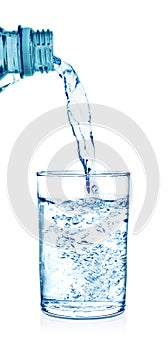 Clear water being poured into a glass cup isolated