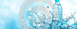 Clear water bottle amidst dynamic splashes with a cool blue background