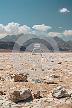 A clear water bottle on a desert plain with mountains and clouds in the background.