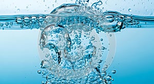 Clear Water Bubbles Splash in Blue Liquid