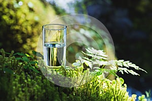 Clear water in a clear glass against a background of green moss with a mountain river in the background. Healthy food