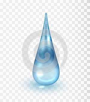 Clear water drop. Realistic 3D blue collagen droplet isolated. Glossy crystal object with light reflection. Vector