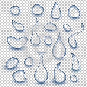 Clear water drops realistic set isolated on a transparent background. Vector illustration