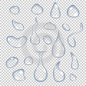 Clear water drops realistic set isolated on a transparent background. Vector illustration