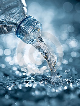 Clear water flowing energetically from a plastic bottle into a sparkling pool with bright bokeh background creating refreshing