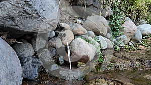 Clear water flows from a bamboo pipe among the rocks