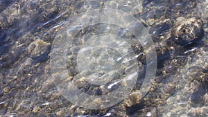 Clear water of mountain creek, slow motion high angle closeup full-frame view