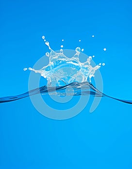 Clear water splash with droplets on bright blue background, natural purity and hydration concept
