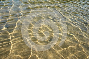 A clear water surface on a sunny day. Crystal clear water texture. Light diffraction