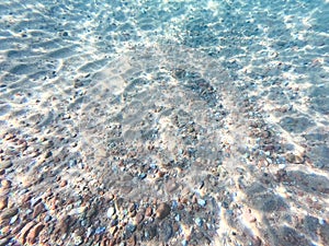 Clear water. underwater background with sandy sea bottom. Beautiful texture of the sea and ocean water