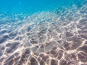 Clear water. underwater background with sandy sea bottom. Beautiful texture of the sea and ocean water