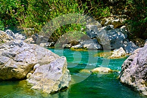 Clear waters of river in Preveli gorge, Crete island, Greece.
