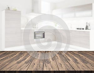 Clear wooden table top in front of blurred kitchen - Illustration