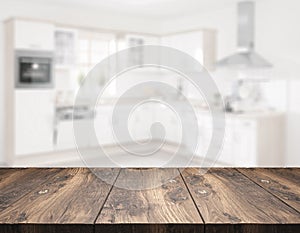 Clear wooden table top in front of blurred kitchen - Illustration