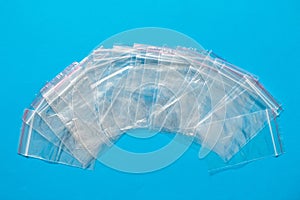 Clear ziplock bags, refrigerator bag on blue background