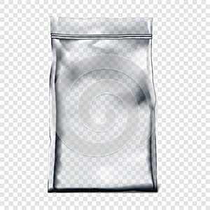 Clear zipper vinyl pouch on transparent background vector mockup. Blank empty plastic bag with zip lock realistic mock-up