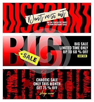 Clearance limited time only shop now promotion website 3 banner set discount, big sale, chaotic modern grunge street fashion title