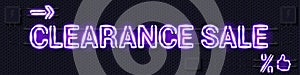 CLEARANCE SALE glowing purple neon lamp sign on a black electric wall