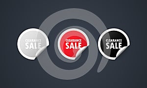 Clearance sale icon. Sticker set. Discount vector. Clearance sale labels set. Black  red and white round circle tags. Sale tags