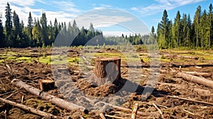 Cleared forest showing stumps and discarded trees