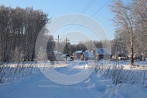 Cleared wide road winter drive to private houses in the Siberian village among the snowdrifts through the forest on a clear winter