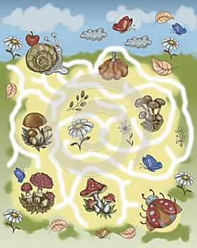 clearing with mushrooms flowers snail ladybug maze children's play tasks