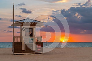Clearwater Beach Florida. Beautiful Sunset. Beach lifeguard station or tower. Panorama of Clearwater Beach FL