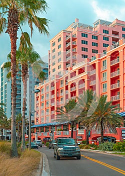 Clearwater Beach Florida. Panorama of city Clearwater Beach FL. Summer vacations in Florida. Beautiful View on Hotels