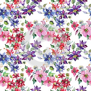 Clematis bouquet floral botanical flowers. Watercolor background illustration set. Seamless background pattern.