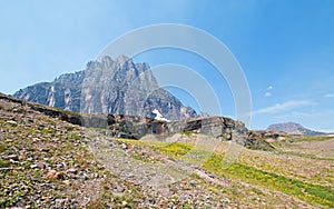 Clement Mountain as seen from Hidden Lake trail on Logan Pass in Glacier National Park during the 2017 fall fires in Montana USA