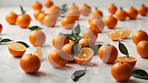 Clementines set on a white background, different foreshortening.